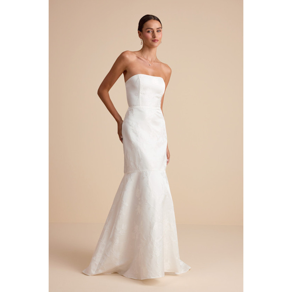 Lulus Cagney White Floral Jacquard Strapless Trumpet Maxi Dress - Size S